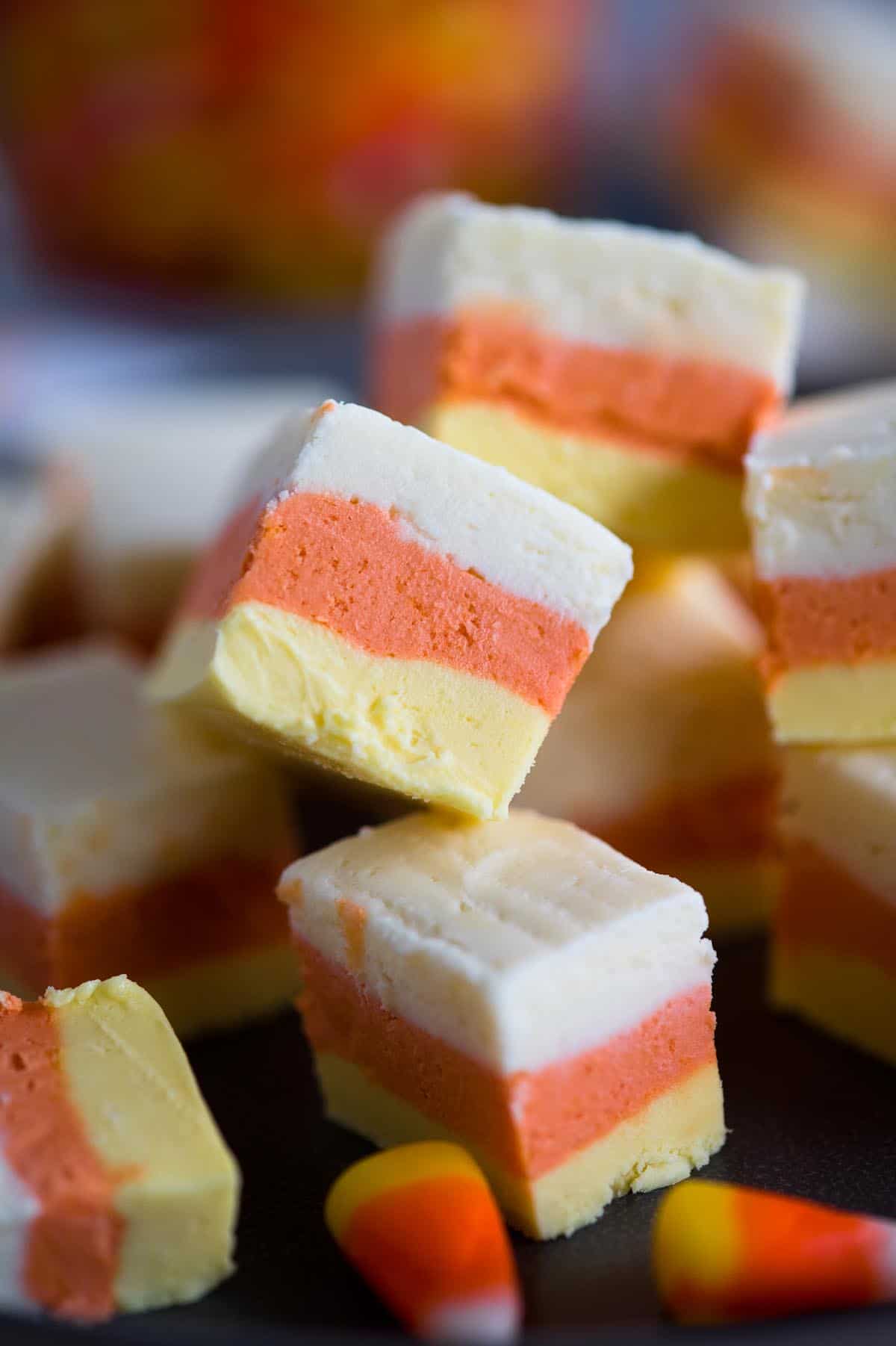 candy corn fudge stacked on