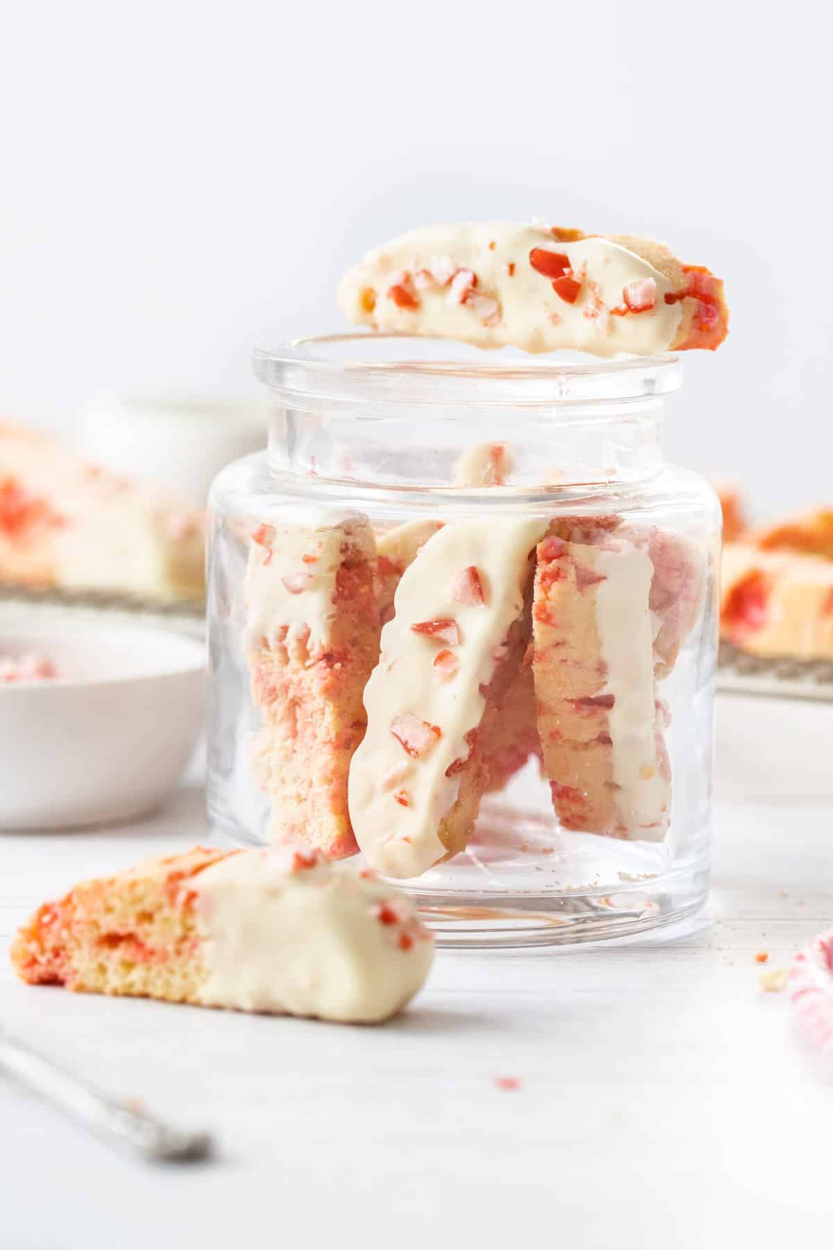jar of peppermint biscotti with white chocolate