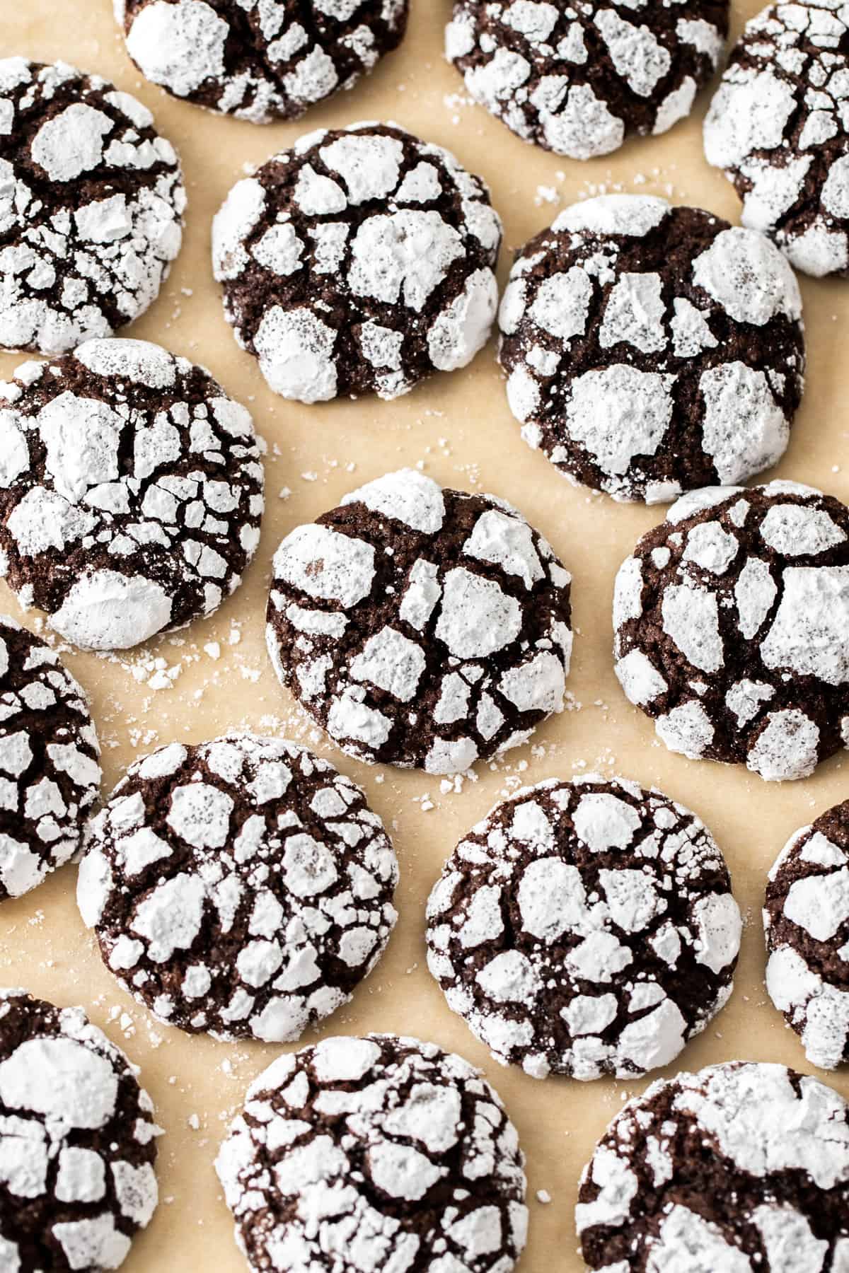 chocolate crinkle cookies with powdered sugar on a board