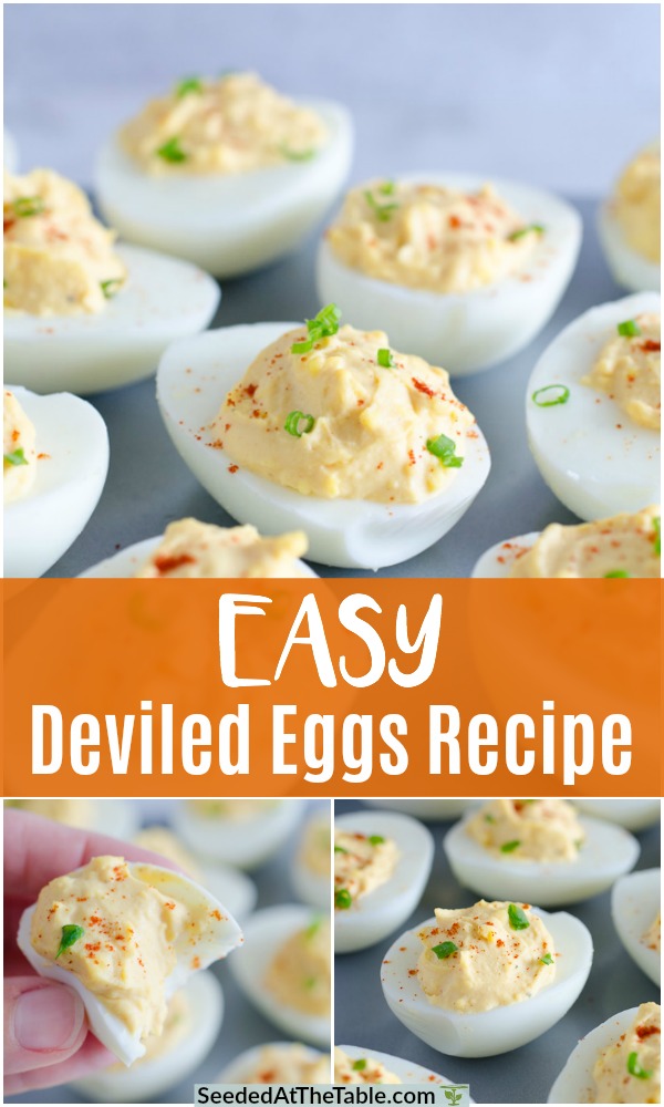 This easy deviled eggs recipe is a crowd favorite!  All you need are eggs, mayo, mustard and a little spice for these classic deviled eggs!
