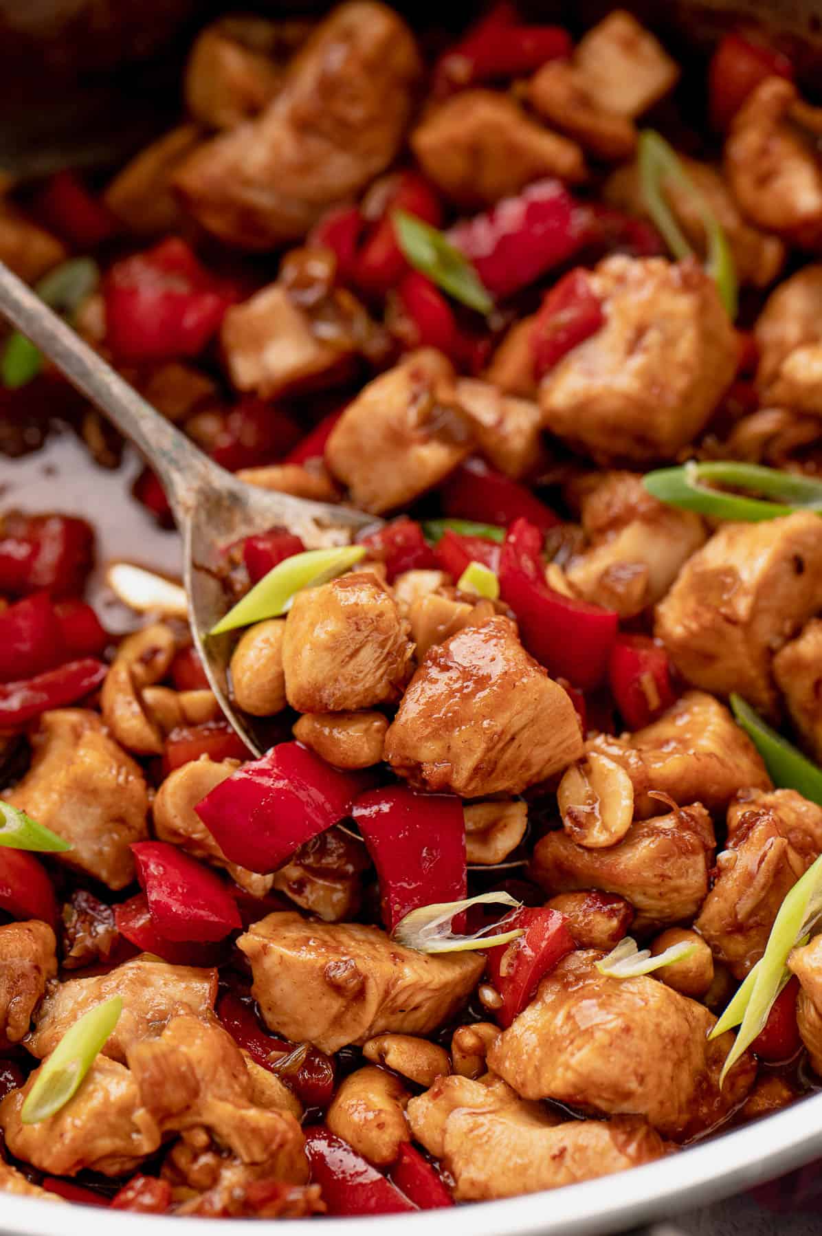 saucy kung pao chicken in pan
