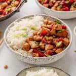bowl of white rice and chicken with kung pao sauce