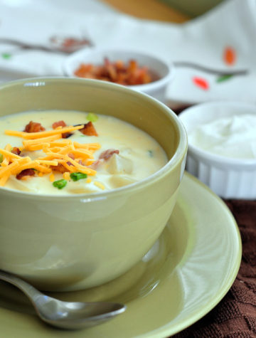 This Loaded Baked Potato Soup is a creamy bowl of delicious flavors from a loaded baked potato that will keep you warm on a cold day.
