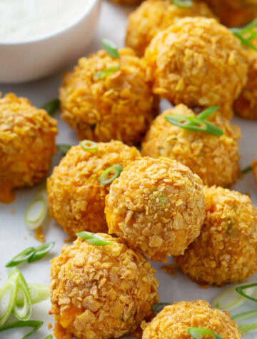 plate of crispy buffalo chicken bites with bowl of ranch dip