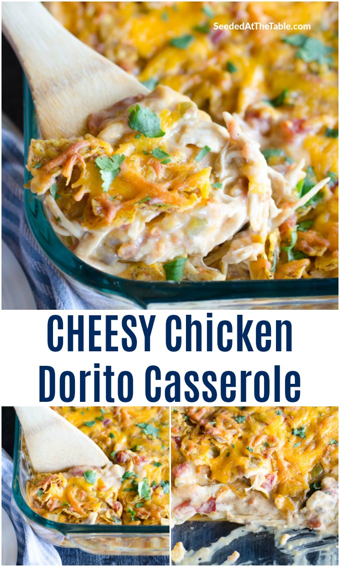 This Dorito casserole includes layers of cheesy chicken, Rotel, and crunchy Dorito chips baked in a casserole for a delicious and easy weeknight dinner!