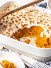 casserole dish of sweet potato casserole with marshmallows