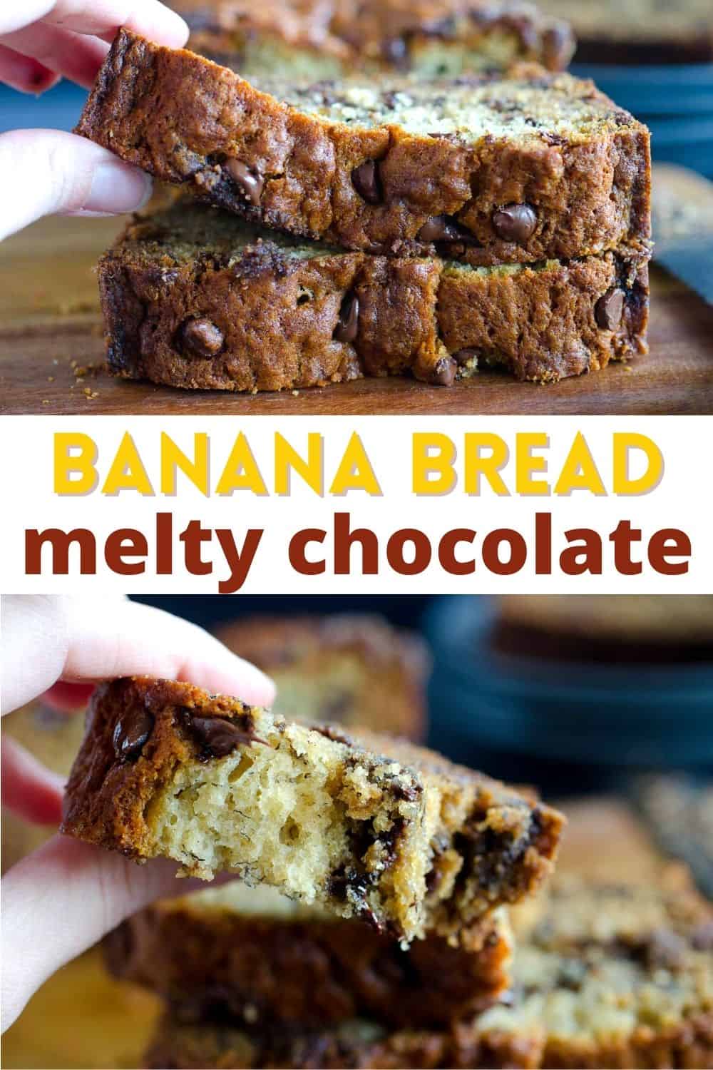 This is the best chocolate chip banana bread loaded with melty chocolate chips and very ripe bananas. Super moist and deliciously sweet!