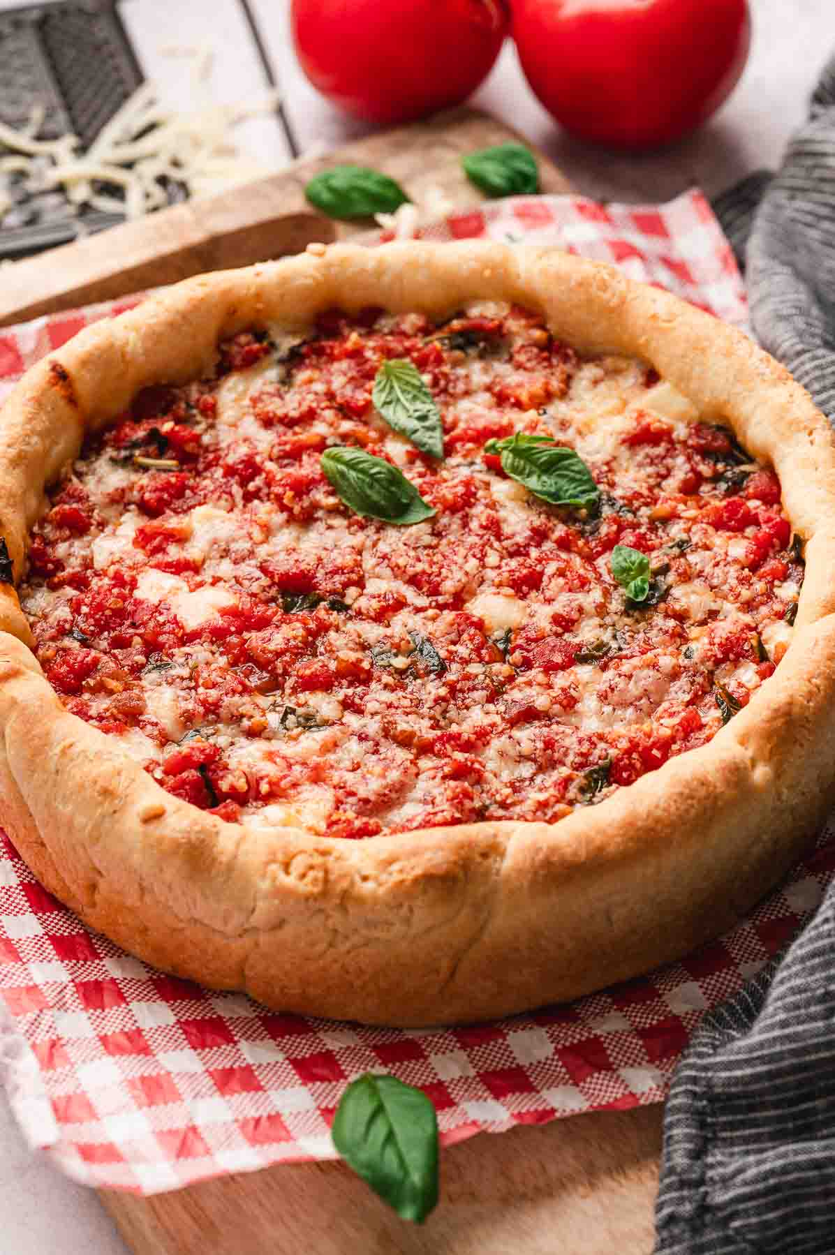 a round chicago style deep dish pizza