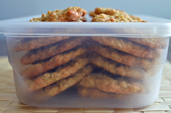 Container of oatmeal butterscotch cookies