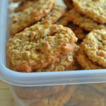 Container of oatmeal butterscotch cookies.