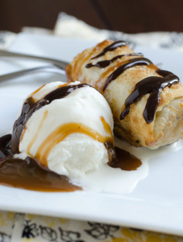 ice cream with fried egg roll and chocolate caramel sauces