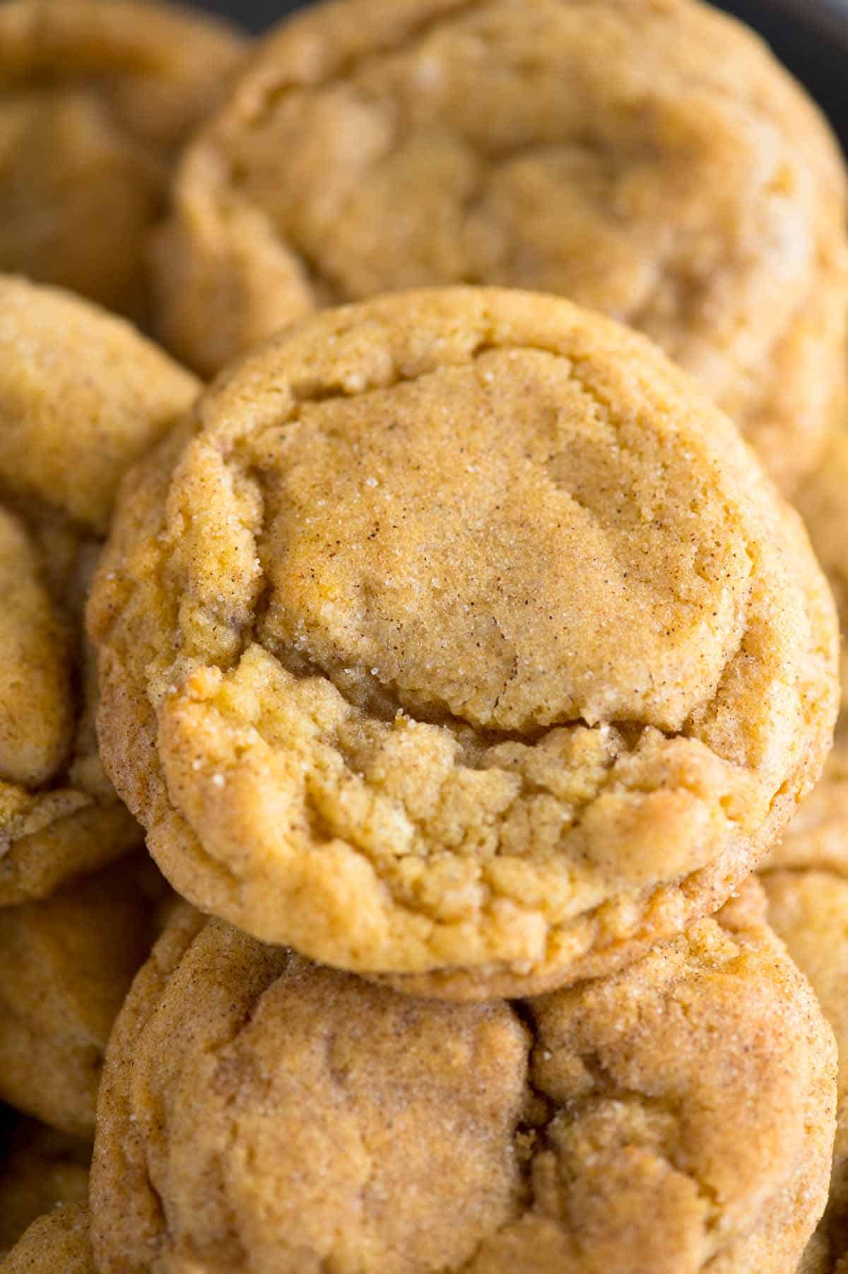 close up of pumpkin snickerdoodle cookie with perfect shape