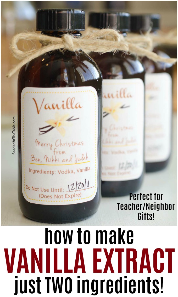 Make homemade vanilla extract with only TWO ingredients! Pour into small bottles and gift to teachers, neighbors, friends and family!