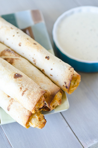 Baked Buffalo Ranch Chicken Taquitos with Blue Cheese Sauce