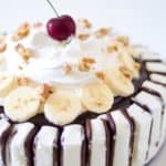 banana split cake with ice cream sandwiches and cherry on top