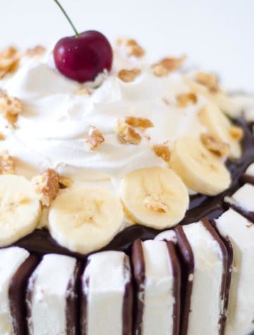 banana split cake with ice cream sandwiches and cherry on top