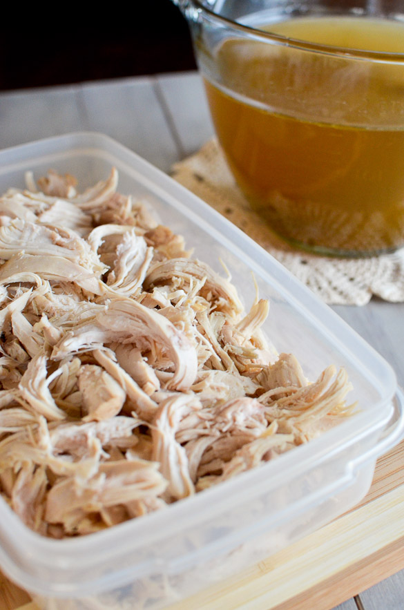 Shredded cooked chicken is one of the most used ingredients in my recipe collection. Here's how I have a large supply of perfectly moist shredded chicken readily available, along with a fabulous homemade chicken broth.