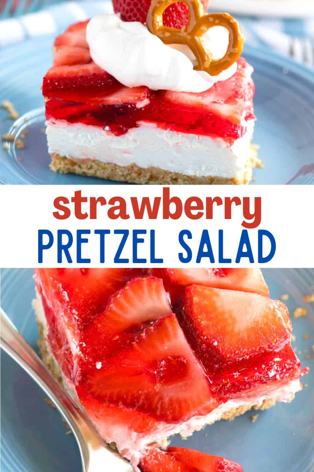 Strawberry pretzel salad is an easy dessert with a buttery pretzel crust and a no-bake cheesecake layer topped with fresh strawberries and Jell-O. A delicious make-ahead dessert!