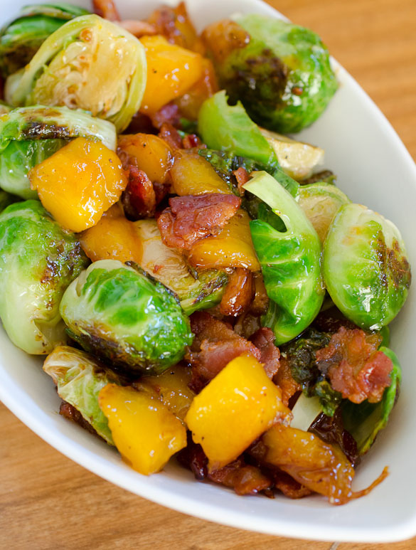Mango and bacon makes these Brussels Sprouts a favorite sweet and salty side dish! Serve Brussels Sprouts with Mango and Bacon to turn any Brussels sprouts hater into a fan!