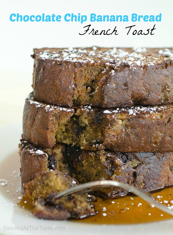 Chocolate Chip Banana Bread French Toast is banana bread that is lightly fried then baked for a warm inner bite and a crispy finish.