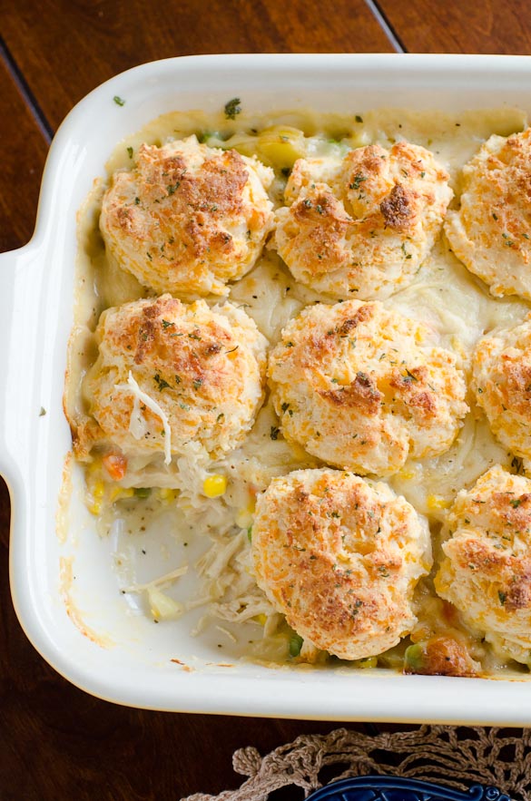Cheesy garlic biscuits crusted over my favorite homemade chicken pot pie.