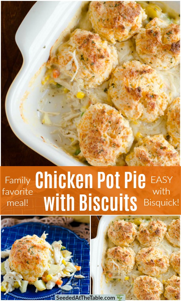pinterest collage for chicken pot pie with biscuits recipe