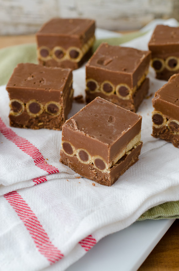 Chocolate hazelnut fudge with Pirouline rolled wafers centered in the middle.  SeededAtTheTable.com