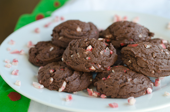 Chocolate pudding cookies speckled with Andes Peppermint Crunch pieces by SeededAtTheTable.com