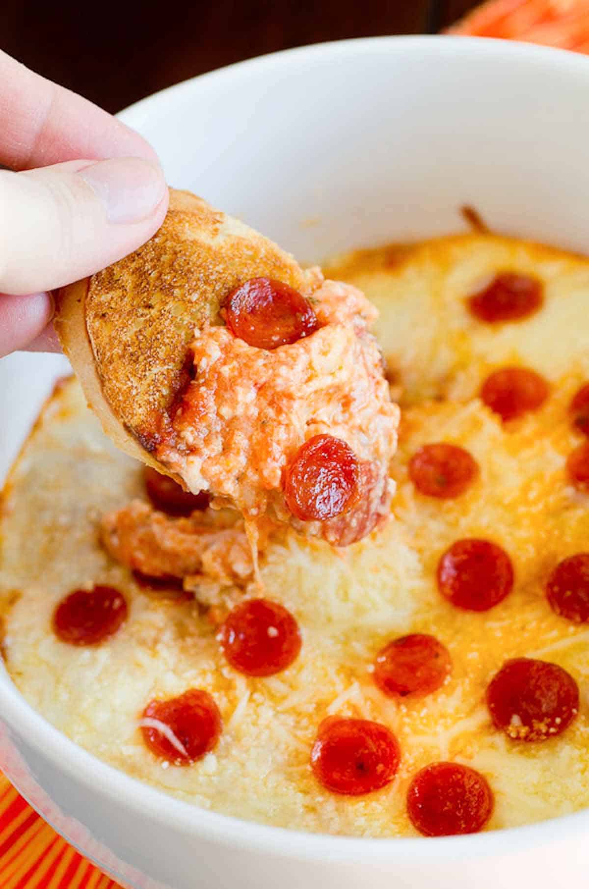 cheesy pizza dip with mini pepperoni