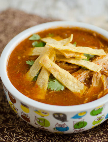 bowl of mexican soup topped with tortillas