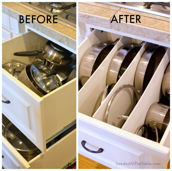 DIY Pots and Pans Drawer Organization by SeededAtTheTable.com @seededtable