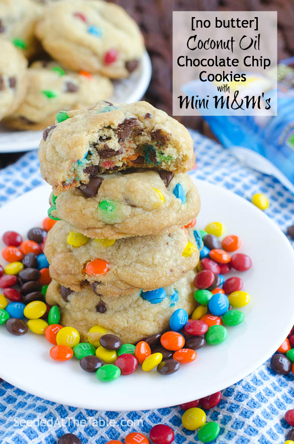 Coconut Oil Chocolate Chip Cookies with Mini M&Ms (No Butter!) by @SeededTable