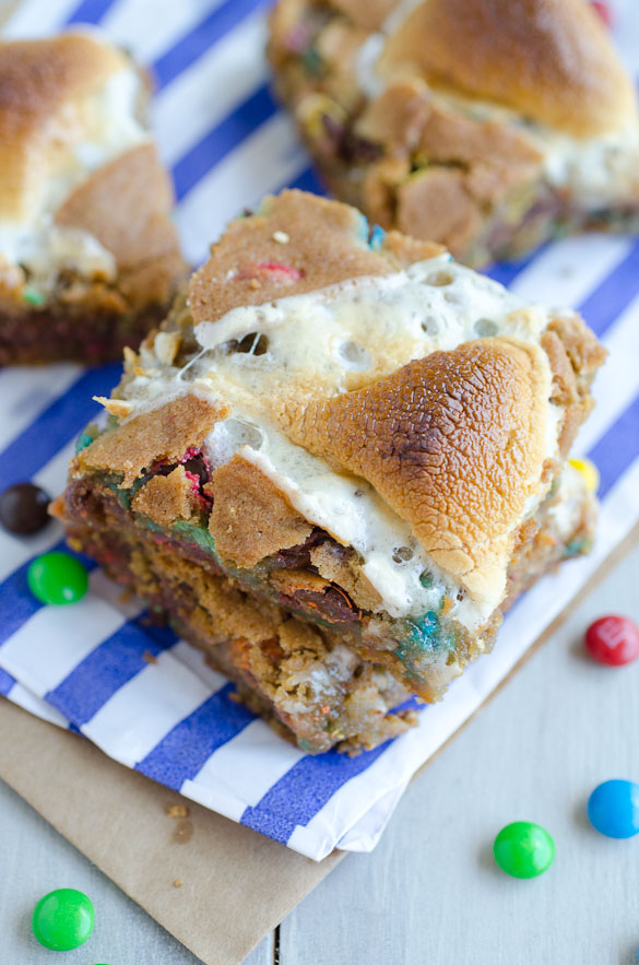 Gooey Roasted Marshmallow M&M Cookie Bars