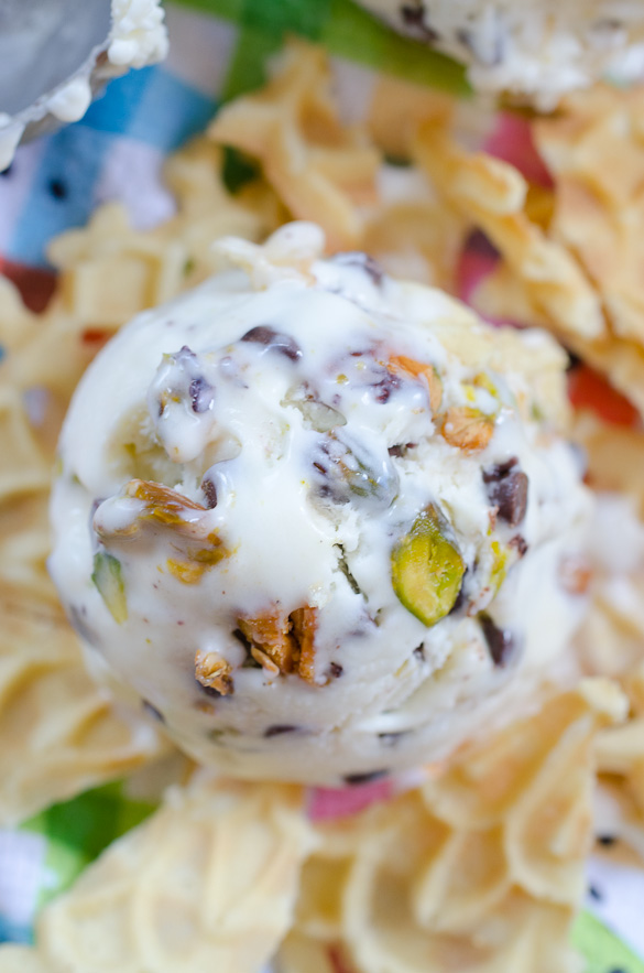 Scoop of Cannoli Ice Cream over top pizzelle.