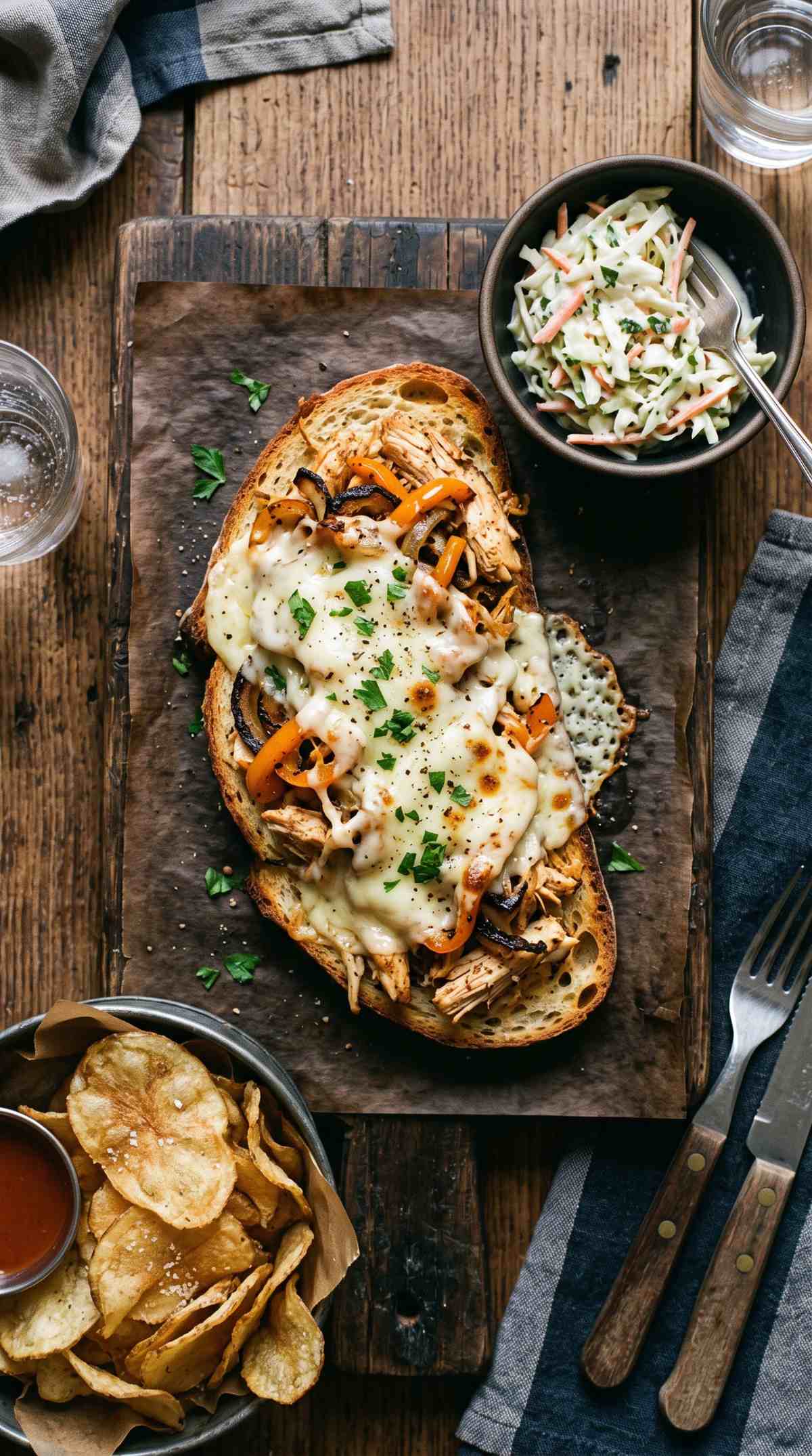 overhead shot of open faced chicken sandwich with shredded chicken and melted cheese on top next to bowl of coleslaw and chips