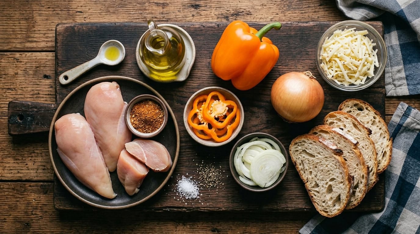mise en place of ingredients for open faced chicken sandwich recipe