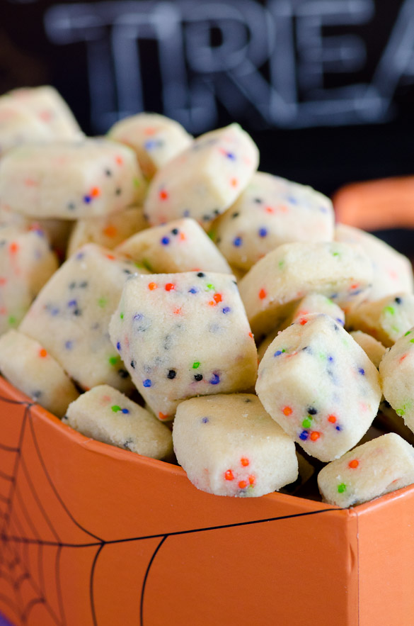 BOO! Bites - tiny shortbread cookies with Halloween sprinkles.