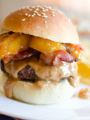 Peanut Butter and Bacon Burgers with Peach Chutney