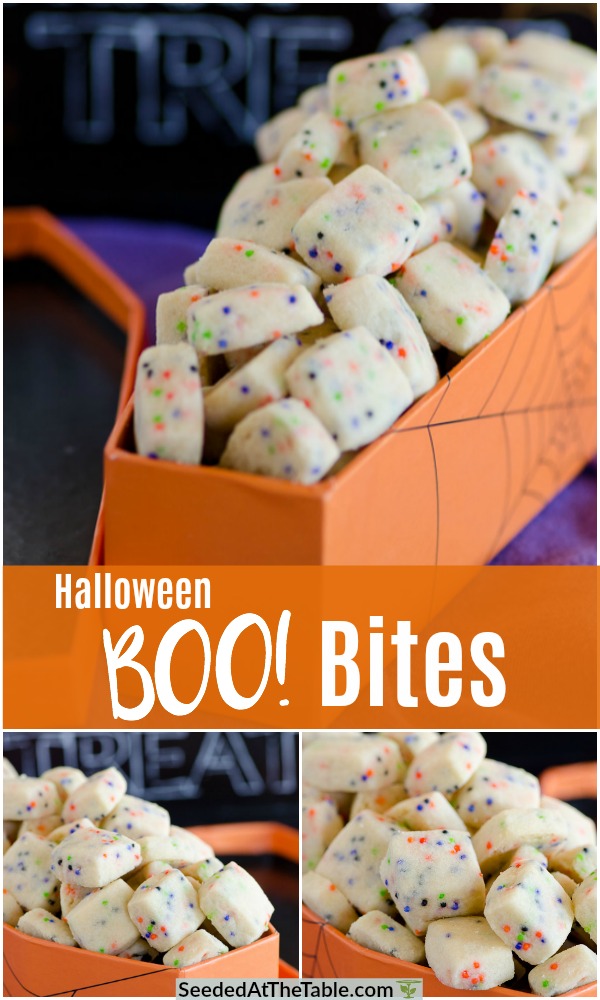 collage of tiny shortbread cookies with halloween colored sprinkles in a casket