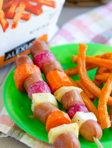 Roasted Root Vegetables and Hot Dog Skewers - Kid Friendly and Well-Balanced 30 Minute Meal Idea