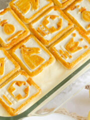 9x13 of banana pudding topped with chessmen cookies