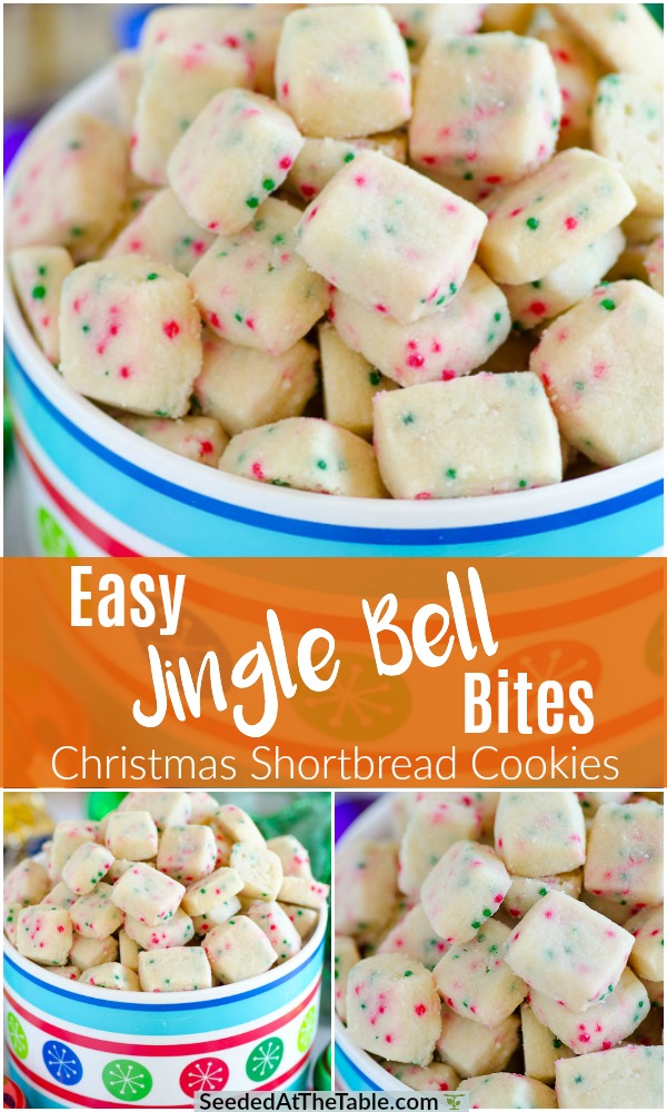Jingle Bell Bites are tiny holiday shortbread cookies speckled with green and red nonpareils for fun Christmas cheer!  These Christmas shortbread cookie bites are perfect for a Christmas treat bag!
