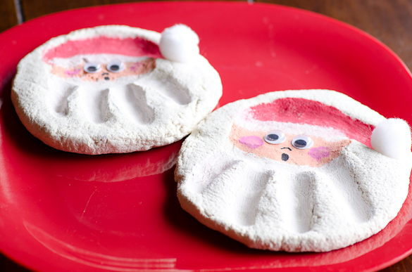 Salt Dough Santa Handprints - Just flour, salt and water! Bake or air dry then paint. Easy as 1-2-3 and a perfect homemade gift for the grandparents!