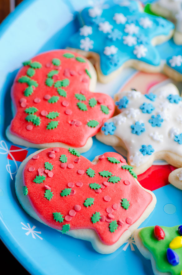 Christmas sugar cookies with icing and sprinkles