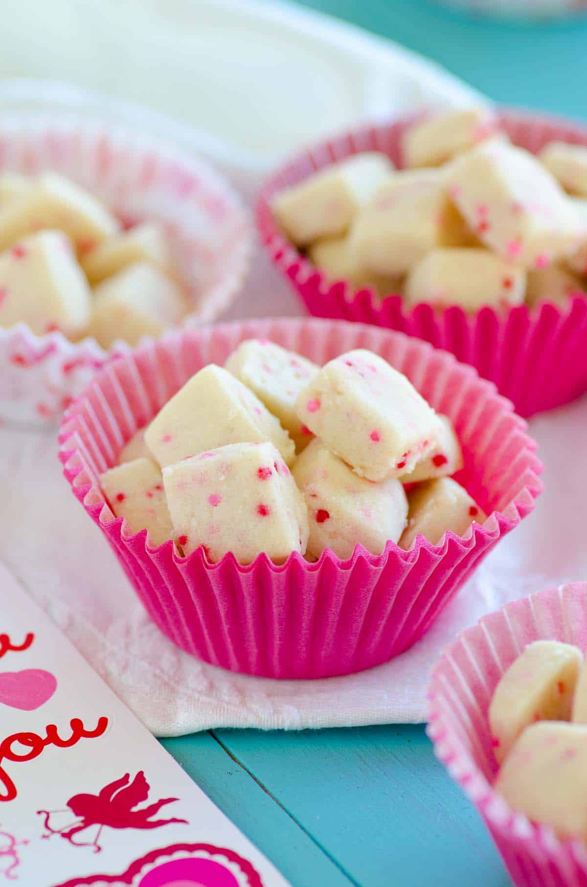 shortbread cookie bites in pink cupcake liner