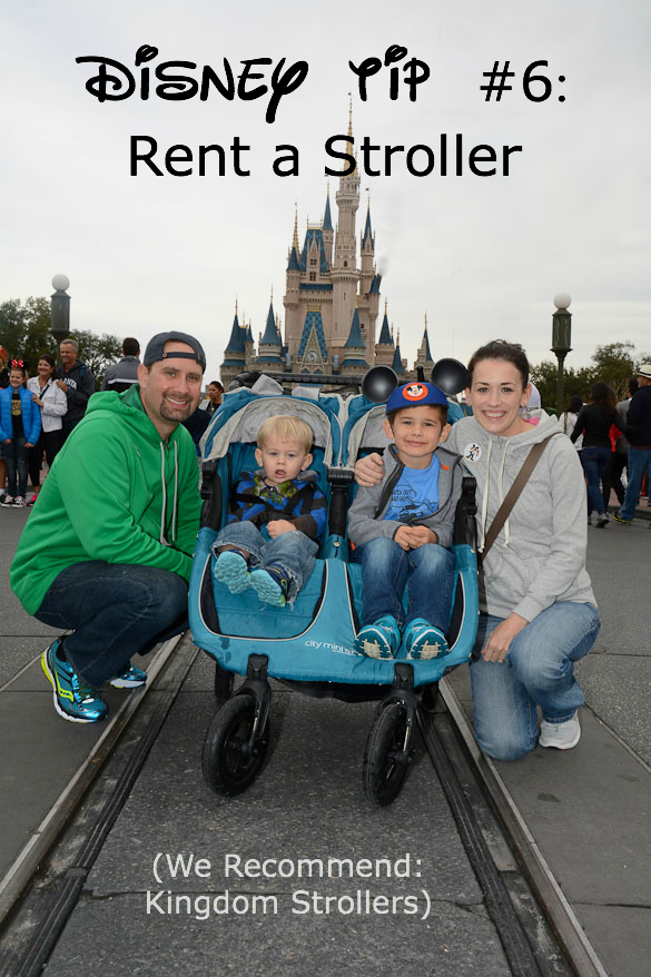 Title photo rent a stroller at Disney with Disney family picture.