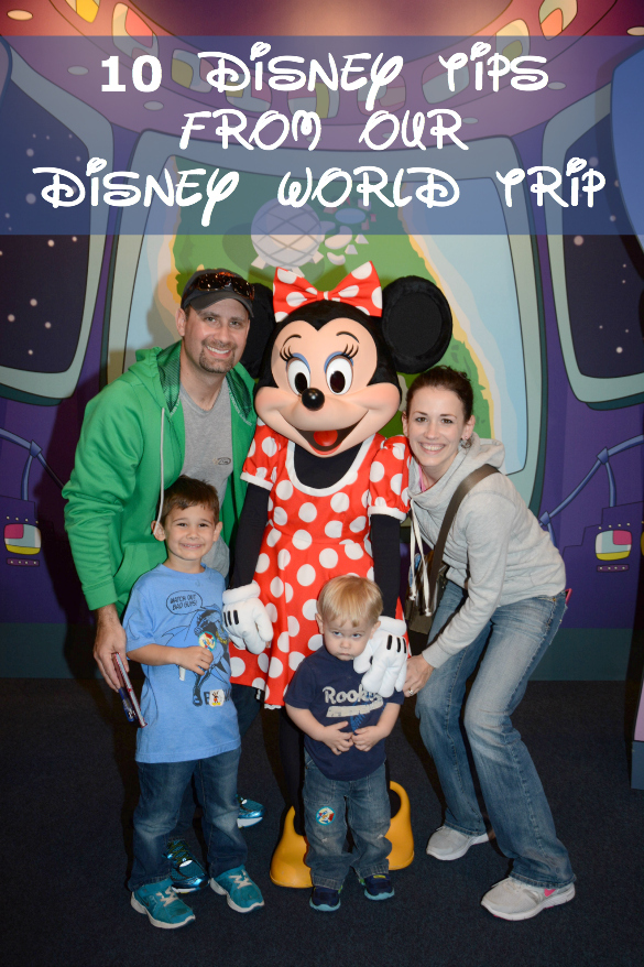 Title page for Disney Tips and photograph of Disney family with Minnie Mouse.