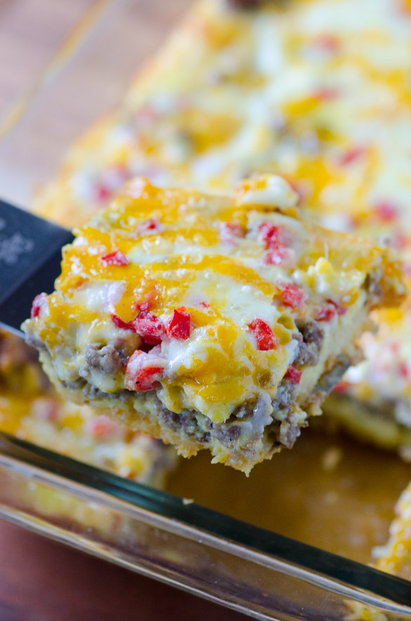 Pimento Cheese Breakfast Bake - Pimento cheese and sausage egg casserole