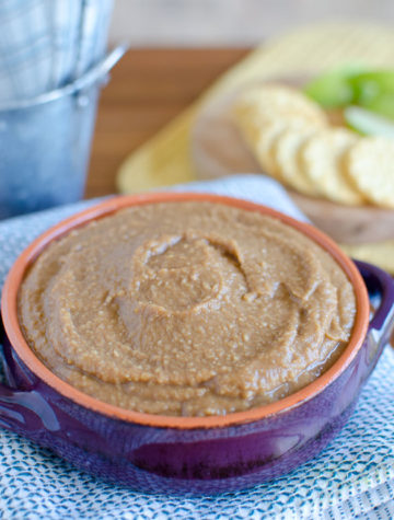 Apple Butter Hummus Dip - a healthy sweet dip for your next party. Serve with apple slices, celery, crackers, cinnamon tortilla chips or graham crackers.