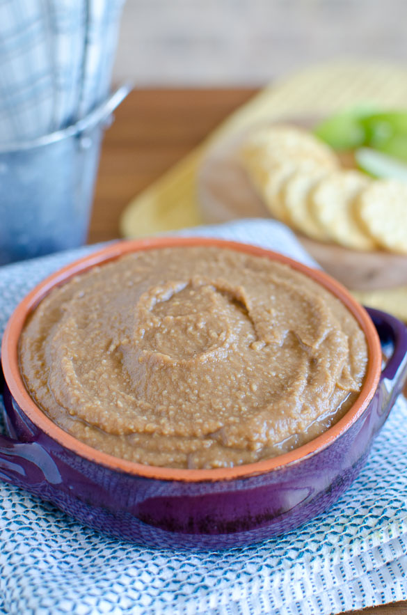 Apple Butter Hummus Dip - a healthy sweet dip for your next party. Serve with apple slices, celery, crackers, cinnamon tortilla chips or graham crackers.